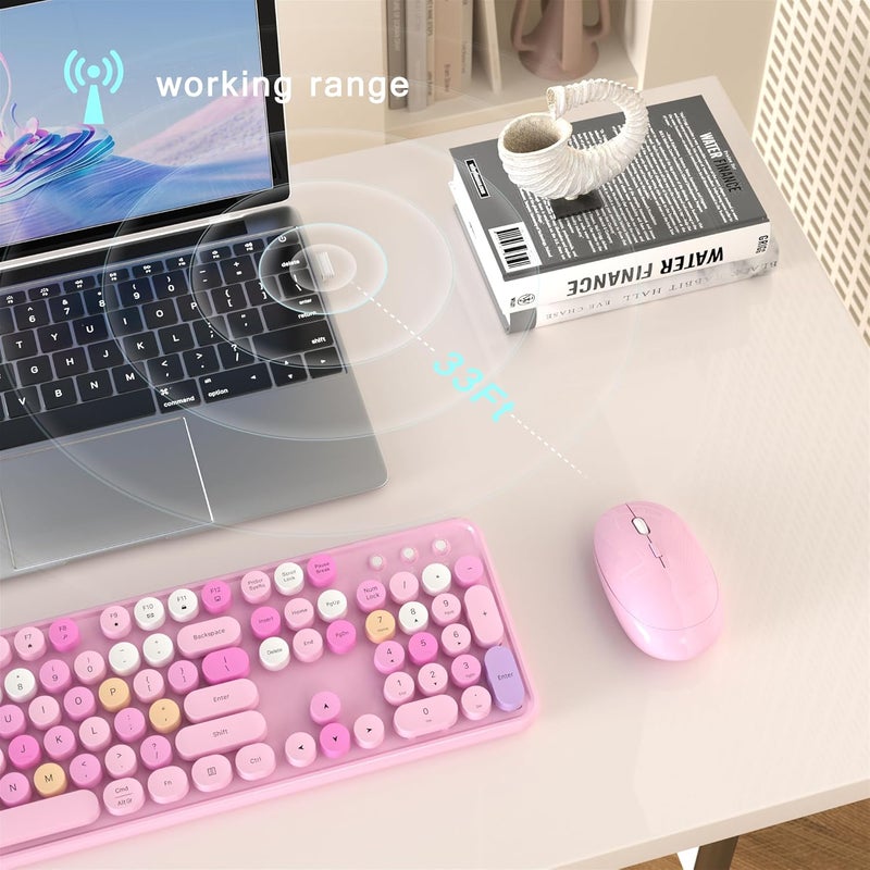 MPTOG Colorful Wireless Computer Keyboard and Mouse Combo with Round Typewriter Keycaps, Retro Design, Power Switch, Ergonomic Design, 2.4GHz Wireless for Windows, Mac, PC(Pink-Colorful) - Image 4